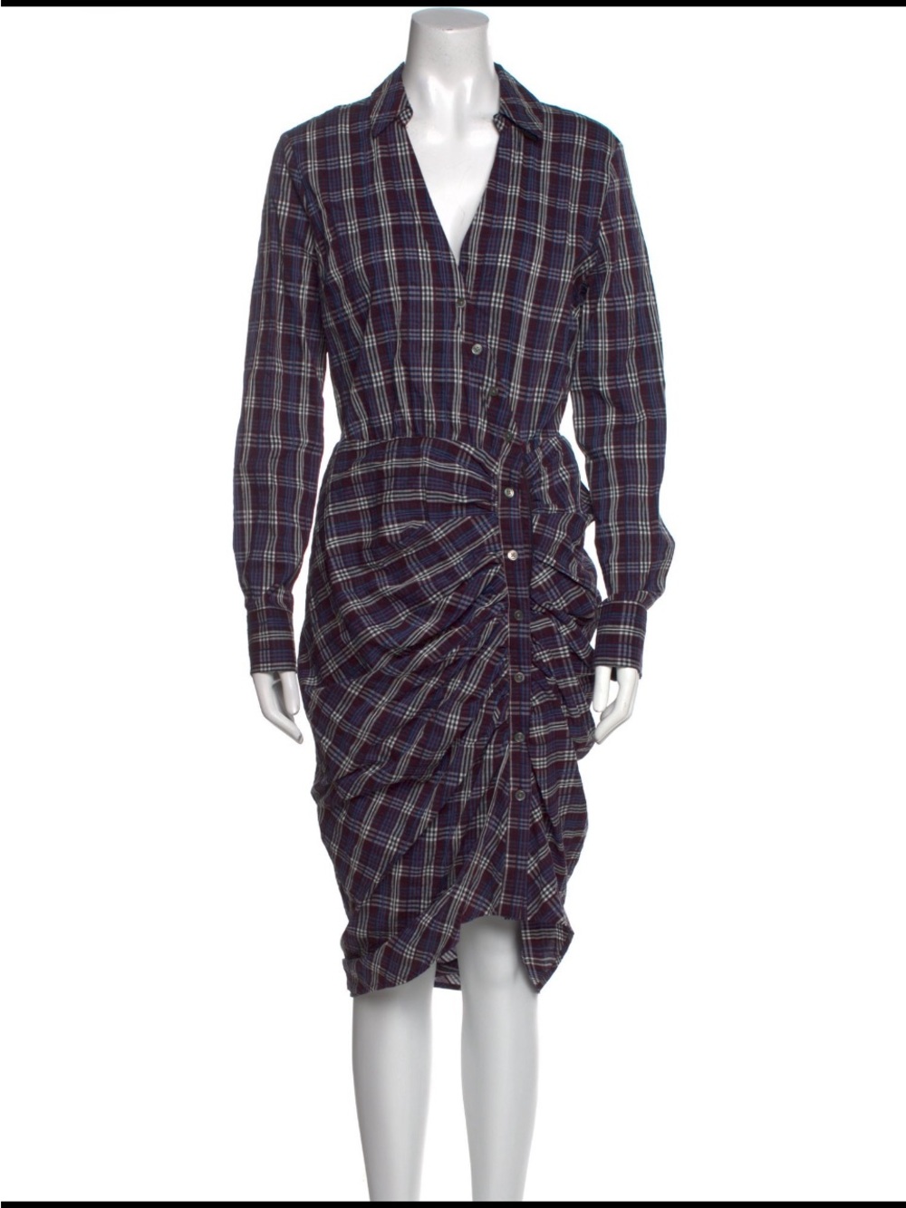 Veronica Beard Purple Plaid Ruched Long Sleeve Shirt Dress